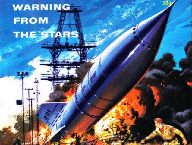 A rocket with the caption "warning from the stars." Cover of Amazing Stories, April 1959.